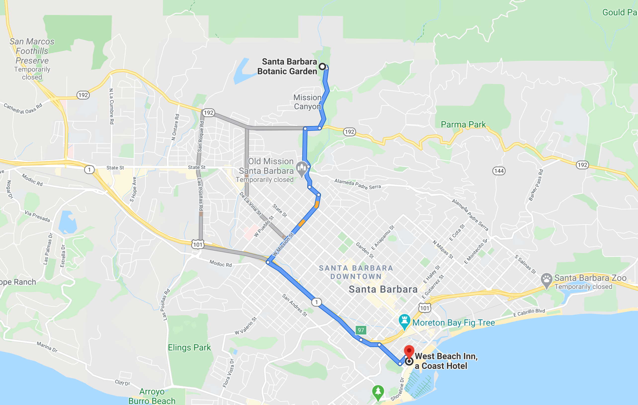 Santa Barbara drive to Santa Barbara Botanic Garden map
