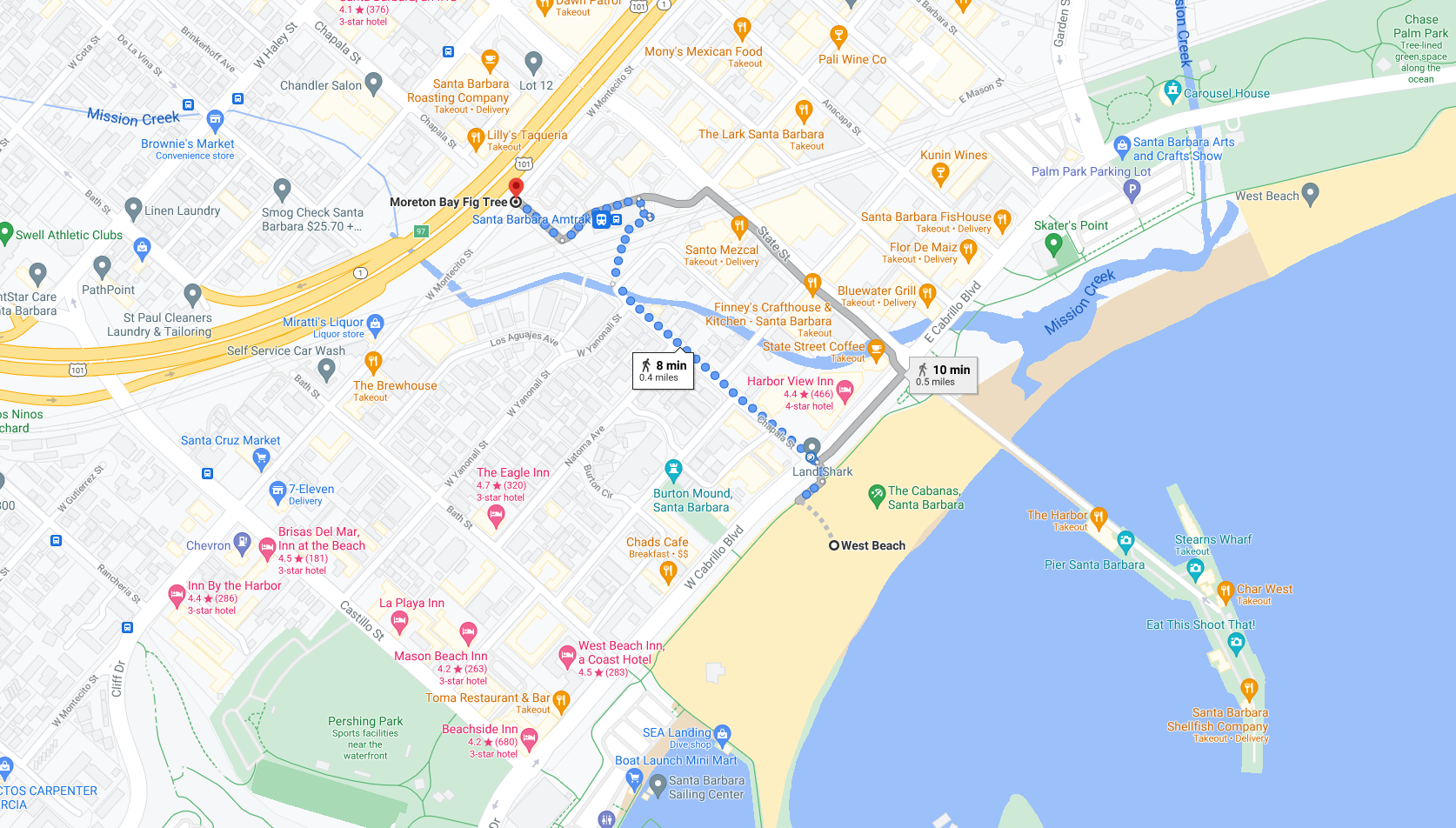 Map of the 10 minutes walk in Santa Barbara to the Moreton Bay Fig Tree.