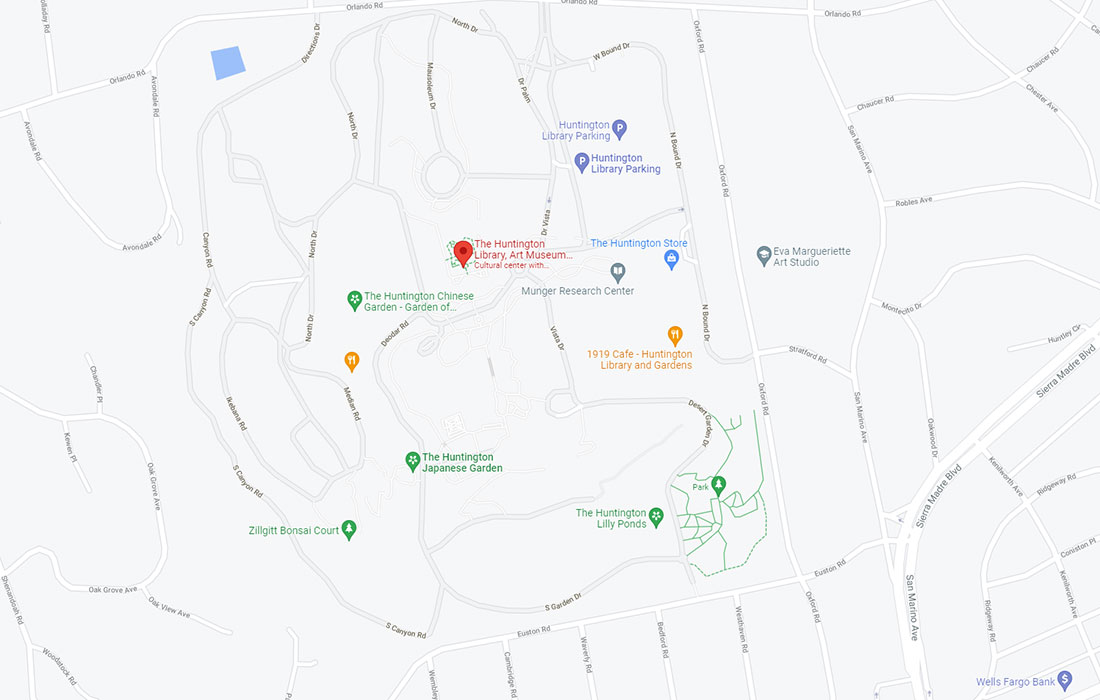 Map of The Huntington's main entrance with parking lot.