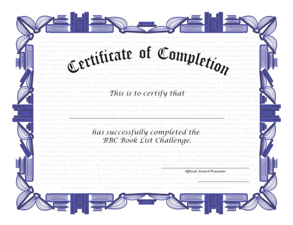 Reading challenge certificate