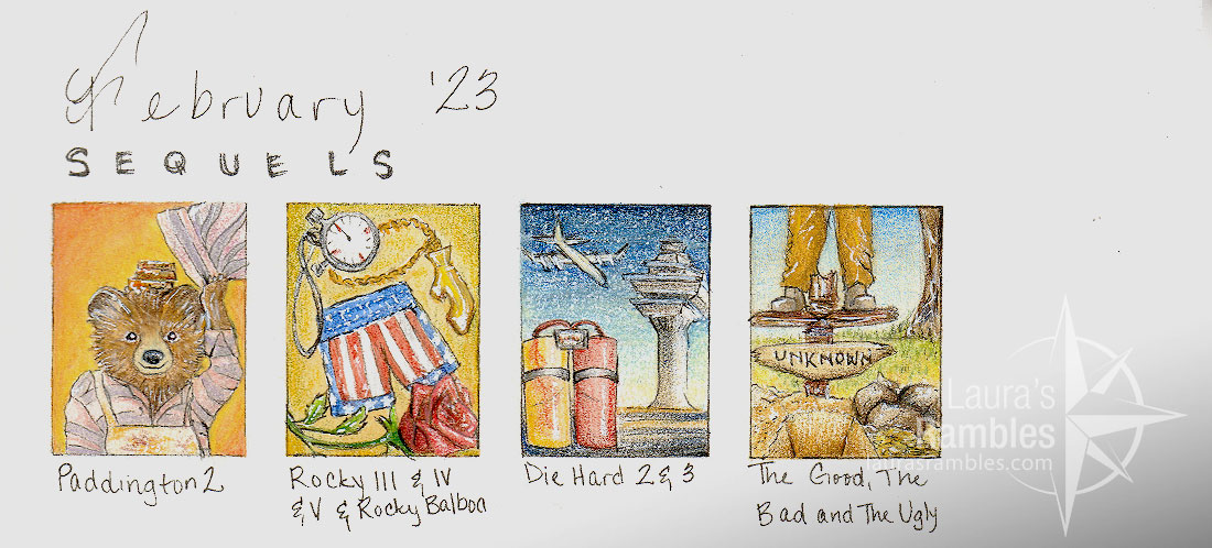 movie illustrations for sequels month - paddington 2, rocky III, IV, V, and Balboa, Die Hard 2 & 3, the good the bad and the ugly